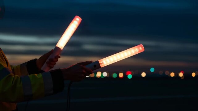 Airport Ground Crew Worker with Illuminated Batons Directing Airplane for Landing at Night &ndash; Aviation Industry Video for Safety, Transportation, and Travel Content with Blue and Orange Palette