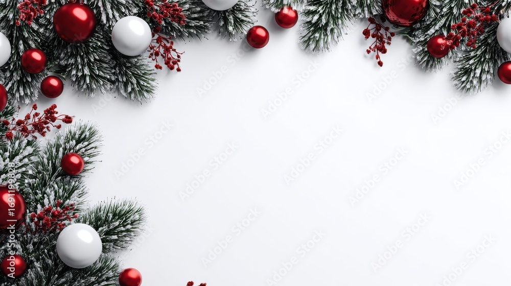 Poster christmas tree branches with red and white ornaments on an isolated background top view with white s