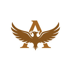A powerful and classic logo featuring a symmetrical phoenix with wings spread wide in front of the letter 'A.' Ideal for timeless brands that symbolize strength and endurance.
