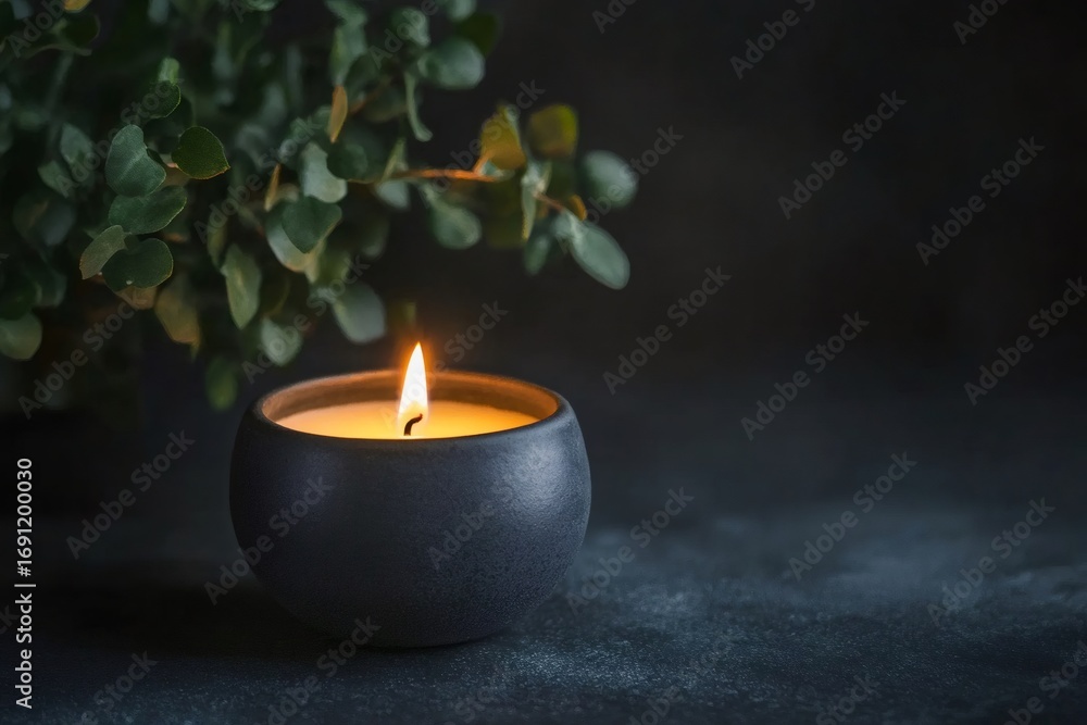 Poster single burning candle in a dark room, creating a warm and inviting atmosphere with green leaves addi