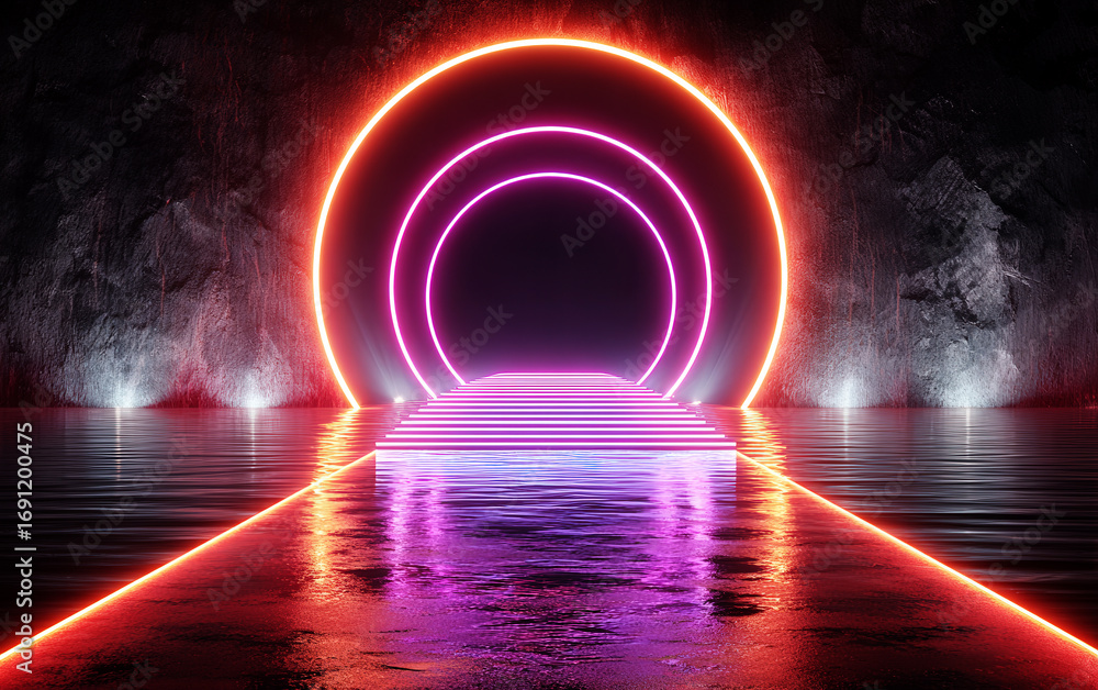 Poster neon-lit circular portals and glowing steps in a futuristic setting