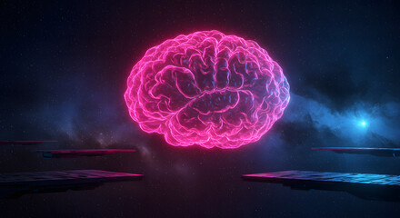 Obraz premium Glowing neon pink human brain illuminated with intricate details against a dark futuristic background with blue light flares