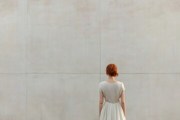 Rear view of a red haired woman in a simple dress standing before a large, modern, minimalist gray wall, evoking themes of contemplation, solitude, and urban aesthetics