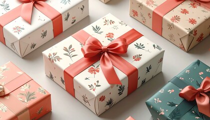 A delightful assortment of gift boxes for a festive celebration, featuring beautiful floral wrapping paper and vibrant red ribbon bows