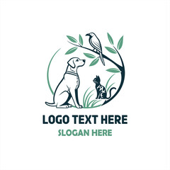 Fototapeta premium Pet Care Logo with Dog, Cat, and Bird Illustration