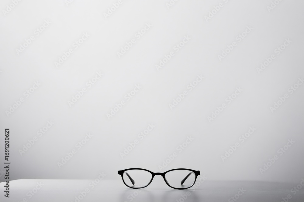Poster stylish eyeglasses sit on a pristine desk against a simple backdrop, evoking a sense of order and fo