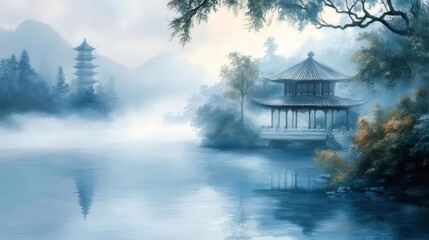 Fototapeta premium 静かな湖に浮かぶ東洋の建築物と霧の風景が美しい絵画調の風景 Peaceful Oriental Architecture and Fog Landscape