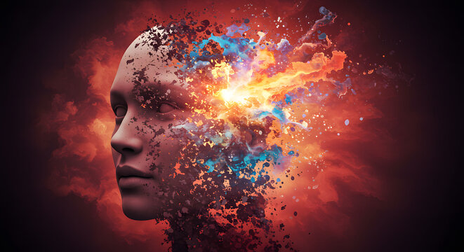 Abstract representation of a human head dissolving into vibrant cosmic energy and stardust