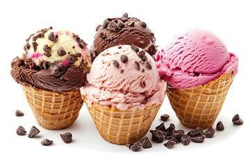 Luxurious triple chocolate ice cream scoops in a cone, isolated on white