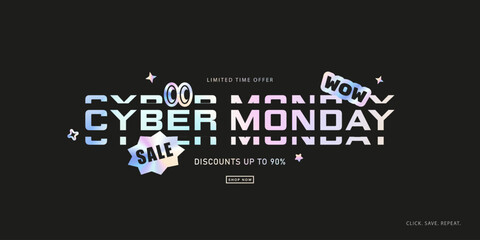 Trendy Y2K-style Cyber Monday banner featuring deconstructed glitch typography and holographic stickers on a dark background. This playful and edgy design is perfect for engaging social media