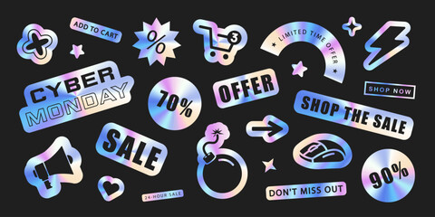 Collection of holographic stickers for Cyber Monday with various e-commerce icons such as shopping cart, computer mouse and megaphone. Futuristic set of labels is perfect for online sales promotion