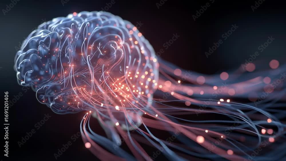 Aufkleber a brain with a purple and red glow surrounding it. the brain is surrounded by a web of wires