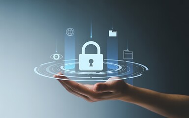 Cybersecurity protection with a padlock over a human hand ensuring data and network safety