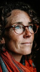 A woman with glasses and a red scarf is looking at the camera. She has a smile on her face