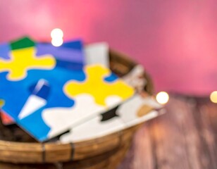 Out-of-focus puzzle pieces in a basket