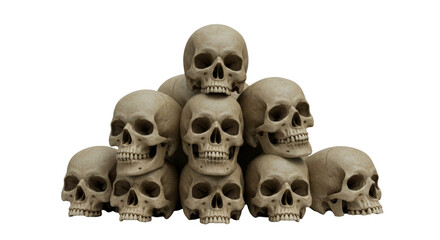 Stack of human skulls arranged in pyramid shape png isolated on transparent background