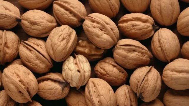 Walnuts in their shells are arranged beautifully on a dark background, showcasing their unique textures and colors in an artistic display