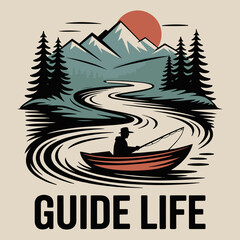 Fishing Adventure Vector T-Shirt Design with Mountain and River
