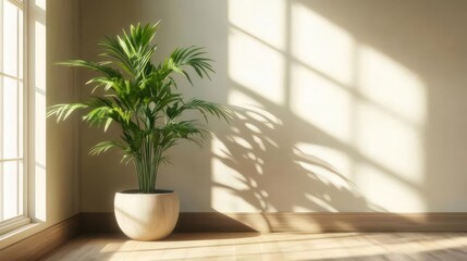 Fototapeta premium 窓際の観葉植物と差し込む光が印象的な明るい室内