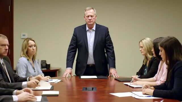 Authoritative CEO Stands and Delivers a Serious Announcement During a Tense Corporate Boardroom Meeting