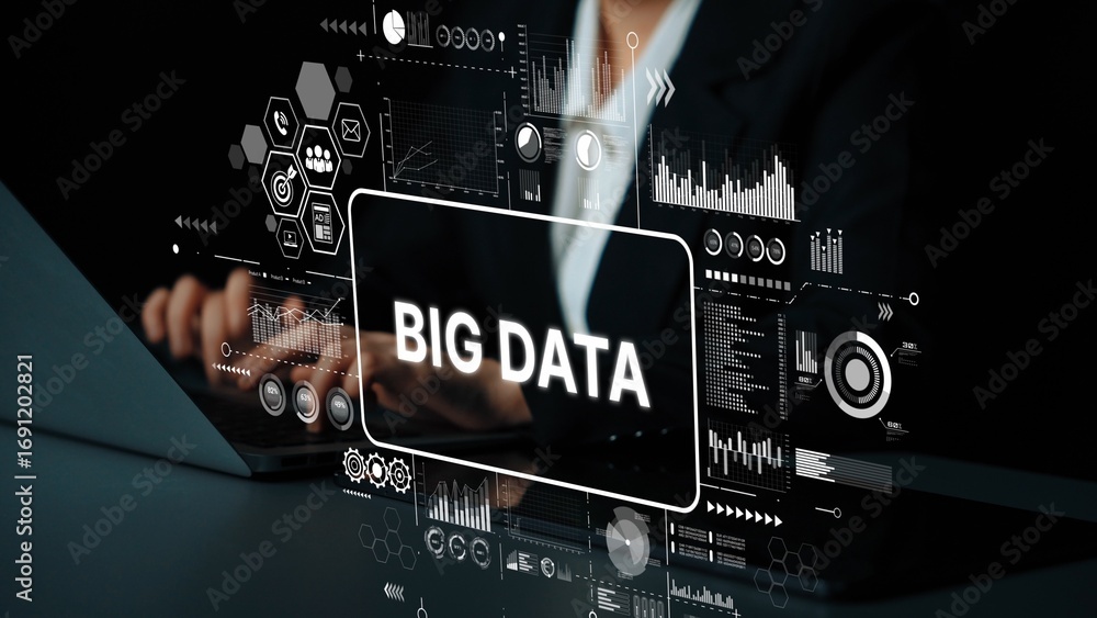 Aufkleber Business Professional Analyzing Big Data Insights on Digital Screen with Graphs and Charts in Modern Office Environment. Asymptotic smart data analytic.