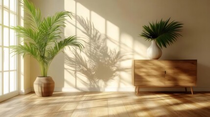 Fototapeta premium 暖かい光が差し込むシンプルなリビングルームのインテリア 木の床と家具 白い壁に植物と影