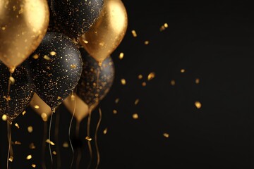 Black and gold balloons with glitter confetti. Elegant party decor for celebration events. Perfect for festive holiday or birthday design.
