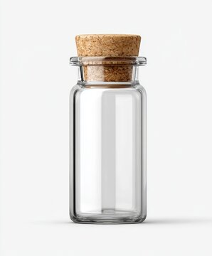 Transparent bottle with cork on light background. Empty holder for oil or potion. Suitable for vintage or artisan product showcase.