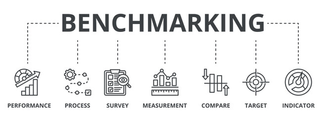 Benchmarking outline banner concept with icons. Performance, Process, Survey, Measurement, Compare, Target, Indicator