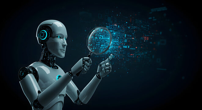 Futuristic humanoid robot interacting with a glowing digital cube dissolving into data streams