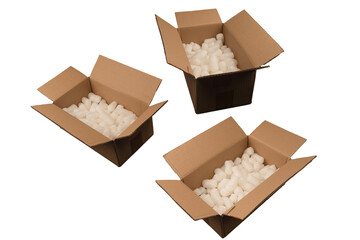 Cardboard box and white filling material in it isolated on a white background.