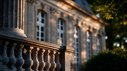 Obraz premium A close-up showcases the decorative stone balustrade of an ornate building, illuminated by a warm, golden light, contrasting with lush greenery.