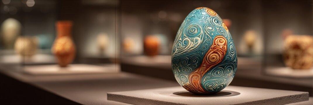 Ornate egg-shaped artifact on display