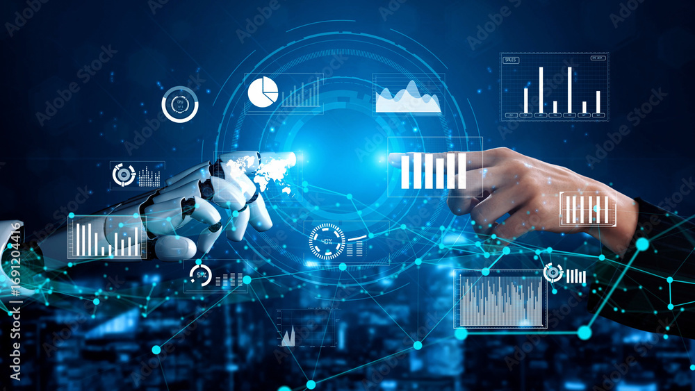 Poster a striking visual representation of the synergy between human and robot, showcasing hands reaching o