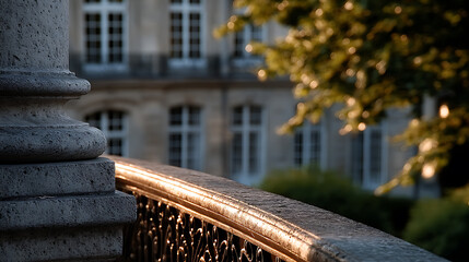 Architectural Detail: Stone pillar and balustrade with building backdrop, highlighted by golden sunlight and green foliage. Classic design.