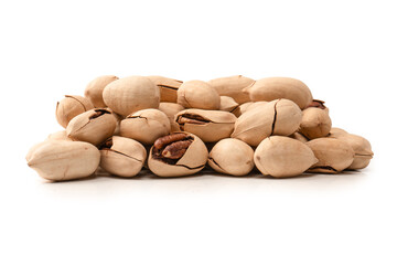 Pecan-nut in a shell isolated on white background. Top view.