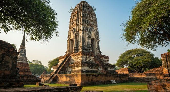 Ancient stone temple ruins with tiered structures and trees