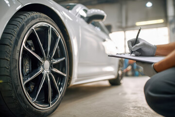 Close-up of a shiny black alloy wheel on a white car with a technician wearing gloves inspecting and taking notes in a busy automotive workshop environment