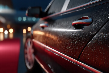 Obraz premium Wet Black Car: close-up shot of a sleek, dark car gleaming with water droplets, parked on a red carpet at night, adding elegance. Wheels are visible.