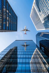 Airplane Flying Above Glass Buildings with Reflections Below