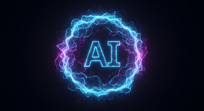 Glowing ai text symbol encircled by vibrant blue and purple energy plasma waves on a dark background