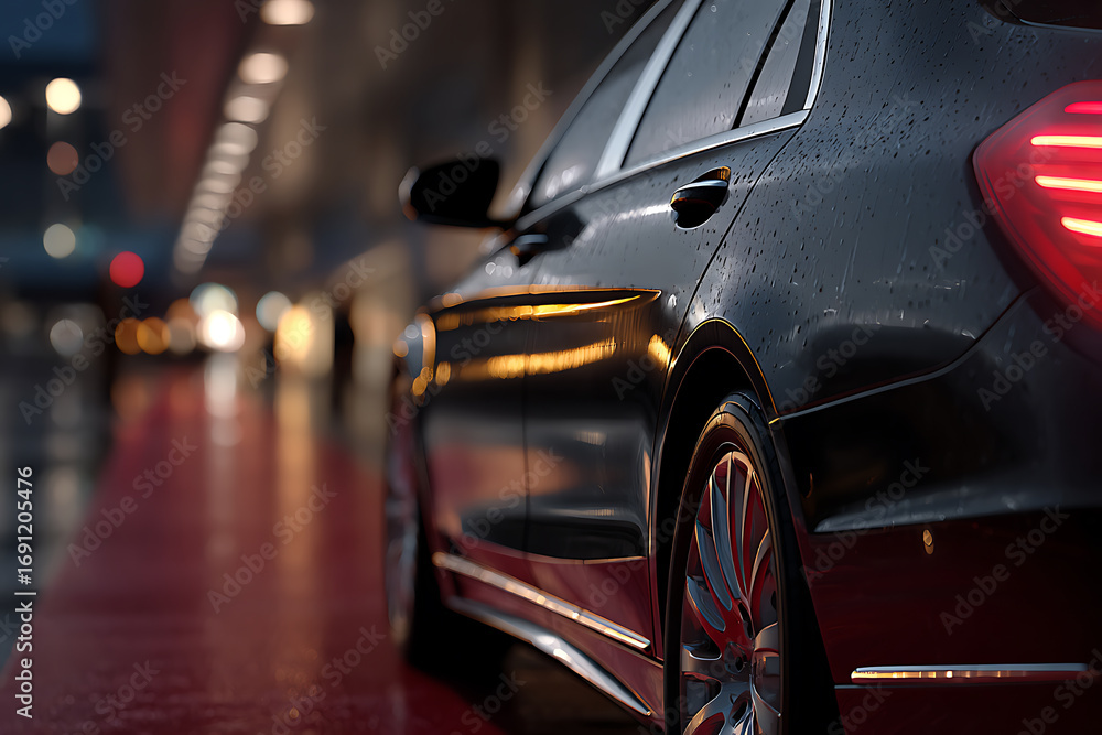 Poster sleek black sedan with a red accent line, captured with rain droplets on its polished surface and a 