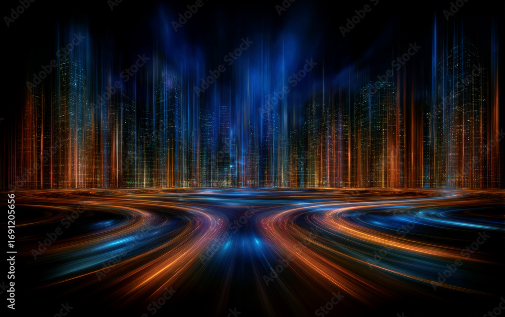 Poster blurred lights creating dynamic cityscape with modern architecture