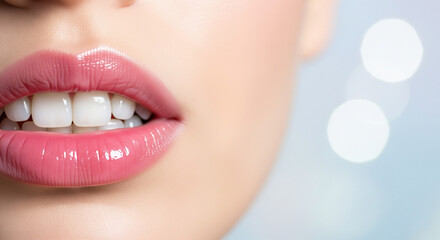 Fototapeta premium Pink mouth with glossy lips and perfect teeth, left-aligned with airy blurred background — excellent for healthcare advertising, oral care campaigns, and wellness marketing visuals