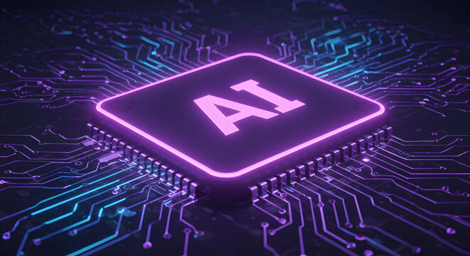 Glowing ai chip on a circuit board with intricate glowing blue and purple digital network connections
