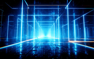 Futuristic Blue Neon Light Tunnel with Abstract Design