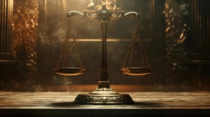 Golden Scales of Justice Centered on Stone Slab against Ornate Backdrop in Soft Light