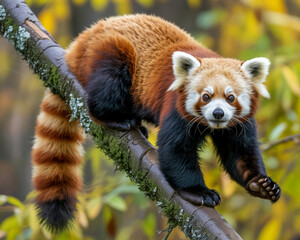 Red Panda with Ringed Tail on a Mossy Tree Branch animal