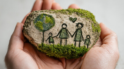 Hands gently holding a moss-covered rock with a drawn family and tree symbolizing love, care, and protection of nature and human connection