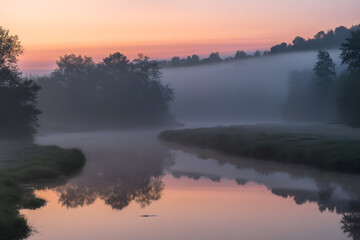 Obraz premium Golden sunlight pierces through the morning fog, casting a warm glow on the tranquil river and its glassy reflection